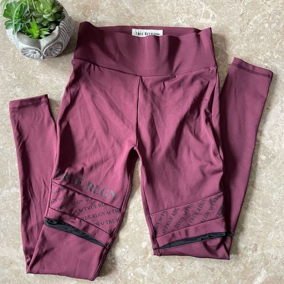 𝅺TRUE religion purple wide band mesh leggings size XS - Picture 2 of 11